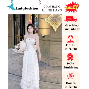 Váy đầm cúp ngực đính đá cao cấp phối chân váy trắng tầng dáng dài phong cách tiểu thư sang chảnh New 2025
