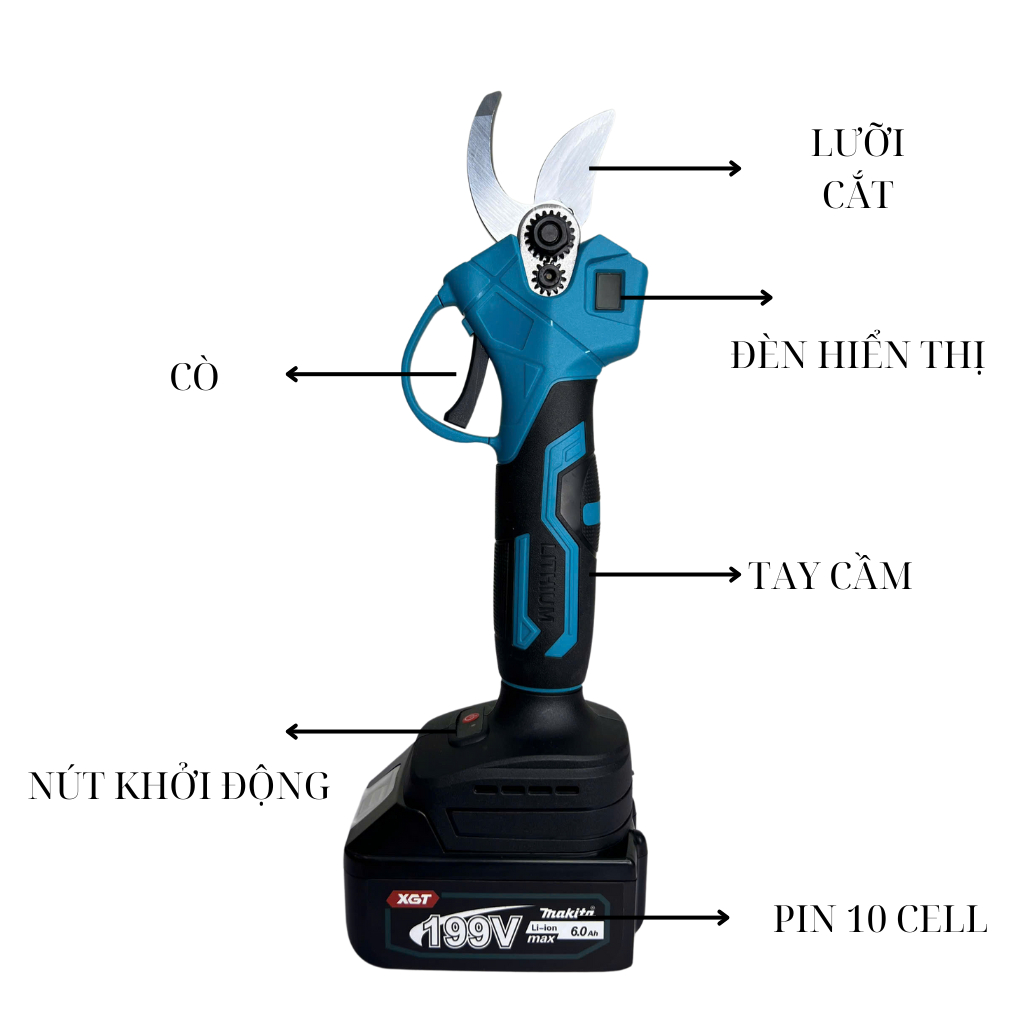 Kéo cắt cành chạy pin KHÔNG CHỔI THAN, kéo cắt cành xanh cầm tay mini, có 2 chế độ lưỡi siêu khỏe