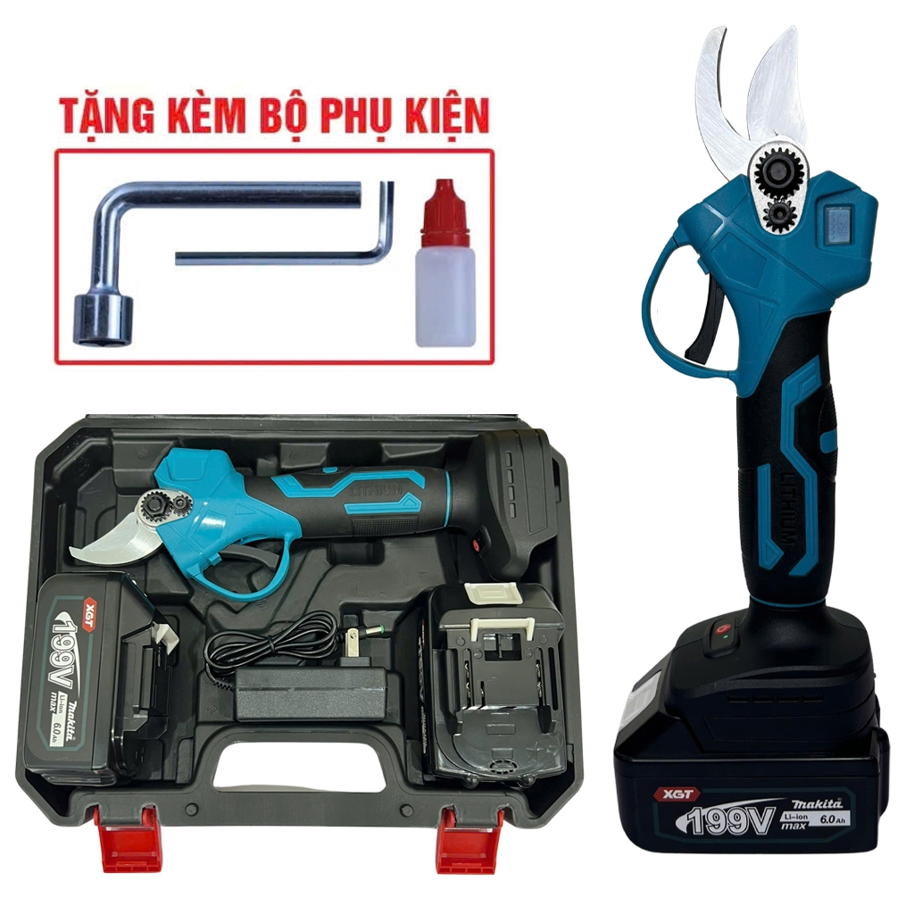 Kéo cắt cành chạy pin KHÔNG CHỔI THAN, kéo cắt cành xanh cầm tay mini, có 2 chế độ lưỡi siêu khỏe