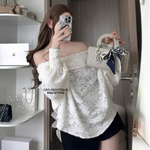 “Ameli Top” Áo ren hoa trễ vai thiết kế tay dài bồng điệu đà from chuẩn-hàng cao cấp 2 lớp siêu hot hit | MIU.STUDIO
