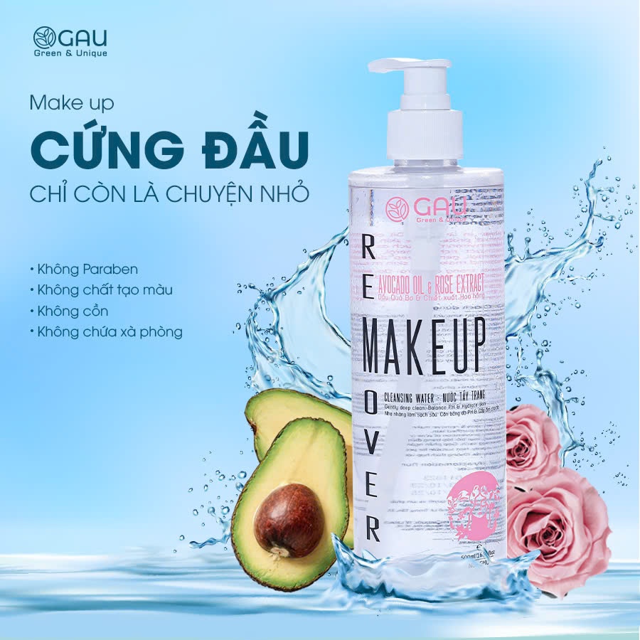 Nước Tẩy Trang Tự nhiên Không cồn Sạch sâu Căng Mịn da GAU Make Up Remover Avocado oil & Rose flower