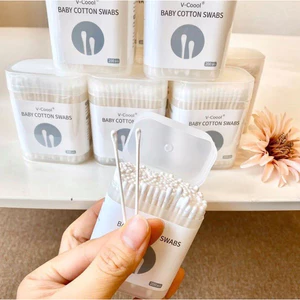 Tăm Bông Vcool Cho Bé Sơ Sinh Hộp 200 Que – 2 Đầu Tròn Dẹt, Thân Giấy Mềm Mại An Toàn