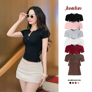 Áo thun cộc tay khuy cúc vải cotton mịn co giãn thoáng mát nữ Top Women Justdun C42