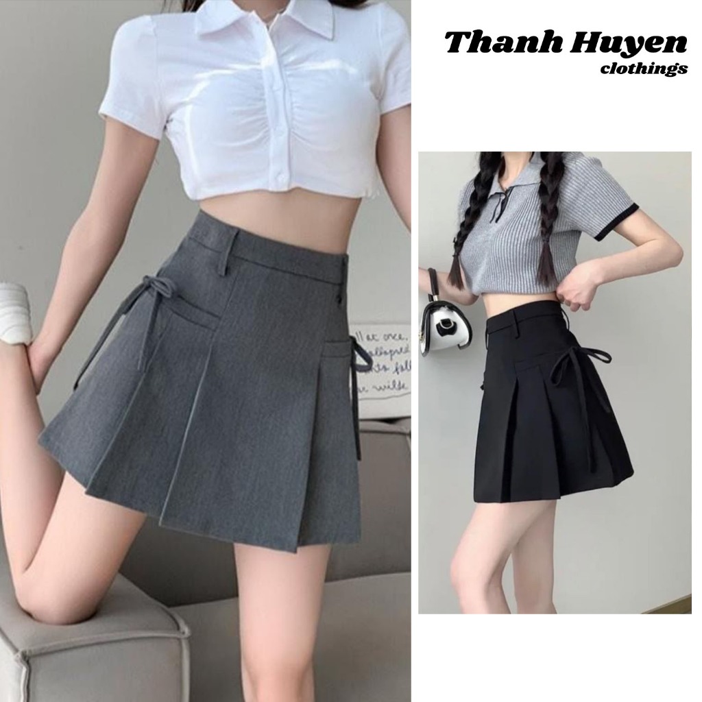 chân váy xếp ly ngắn Thanhhuyen clothings - chân váy chũ A thắt dây nơ chất vải vitex loại 1 1102