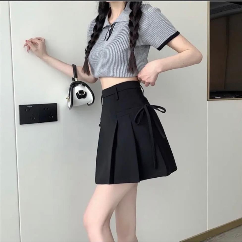 chân váy xếp ly ngắn Thanhhuyen clothings - chân váy chũ A thắt dây nơ chất vải vitex loại 1 1102