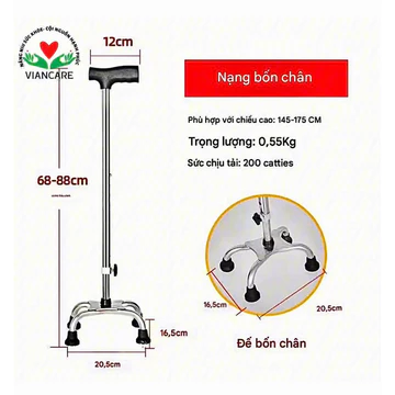 Gậy 4 chân chống trơn trượt, gậy batoong, gậy hỗ trợ phục hồi đi lại cho người già