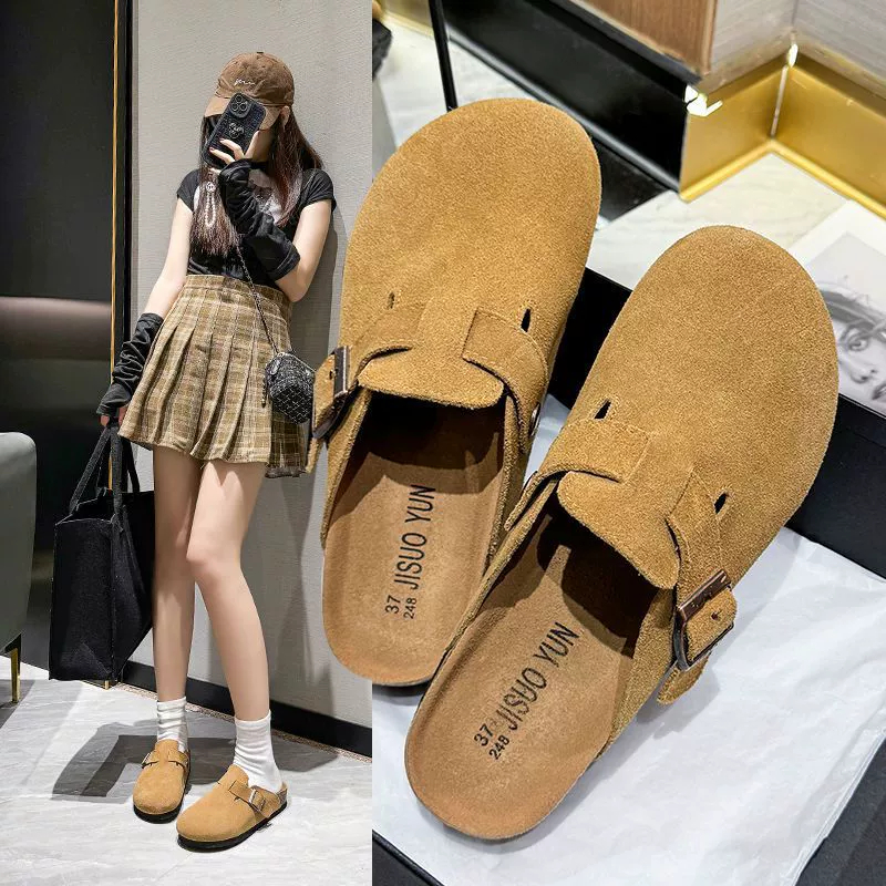 Dép sục boston nữ da lộn đế cao su chống trượt, giày lười phong cách vintage lót nhẹ êm chân