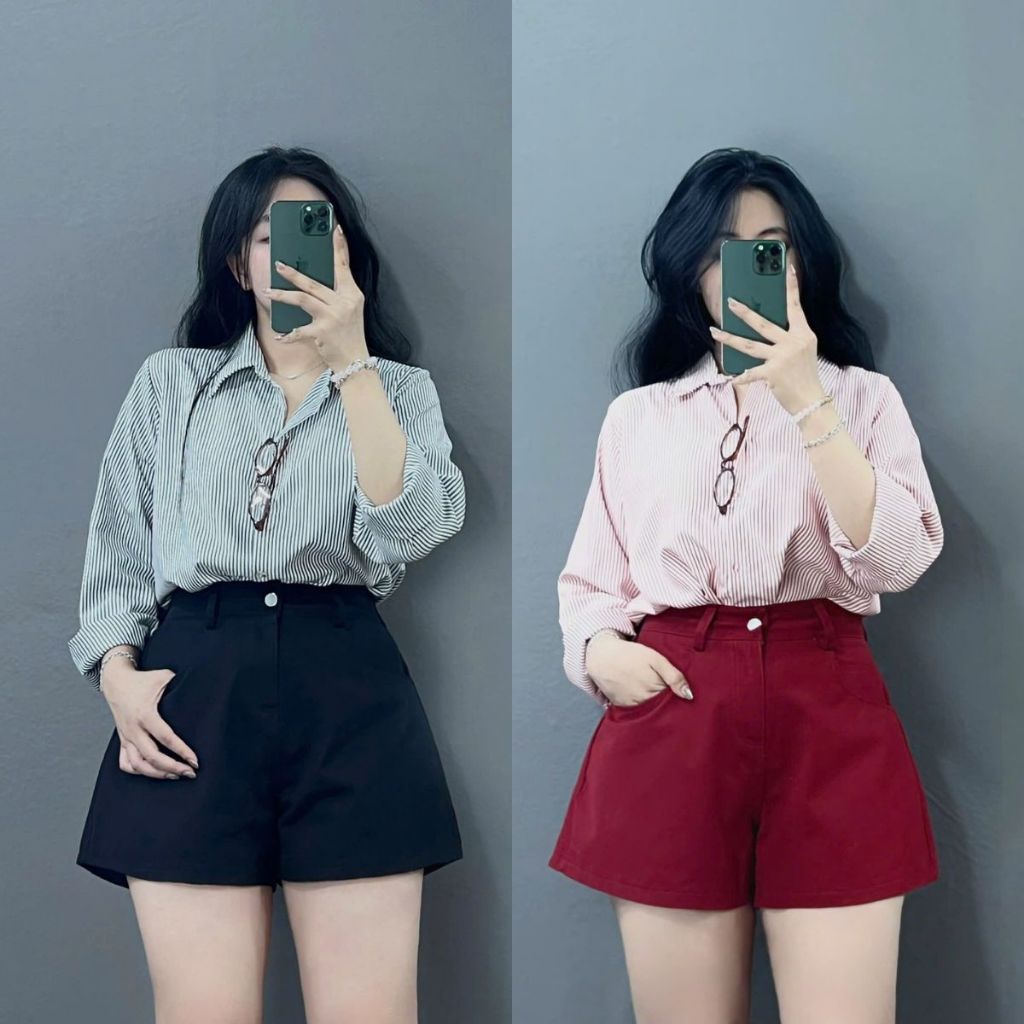 Set Đùi Big Size Nữ Áo Sơ Mi Sọc Dài Tay Bigisze Nữ Lên Phom Sang Chảnh Cá Tính SET970