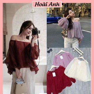 Áo Voan Tơ Trễ Vai Tay Bồng 2 Lớp Phồng Gấu Áo Trễ Vai Tiểu THư Có Lót Sang Chảnh Freesize