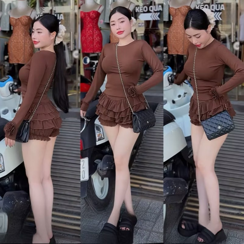 L942- sét bộ thun tăm đính hoa, áo tay dài form suông, quần bí 3 tầng (38-55kg)