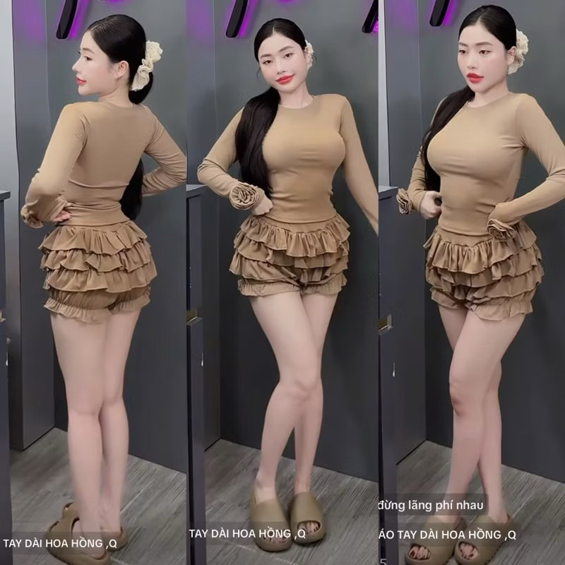 L942- sét bộ thun tăm đính hoa, áo tay dài form suông, quần bí 3 tầng (38-55kg)