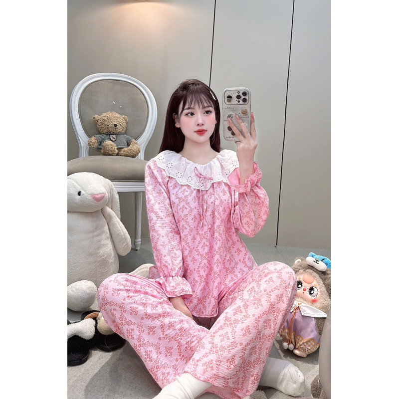 (40-58kg) Bộ pijama chất đũi mềm phối ren mặc nhà