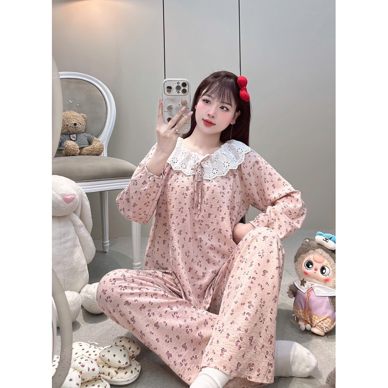 (40-58kg) Bộ pijama chất đũi mềm phối ren mặc nhà