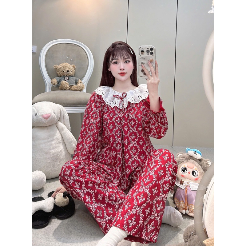 (40-58kg) Bộ pijama chất đũi mềm phối ren mặc nhà