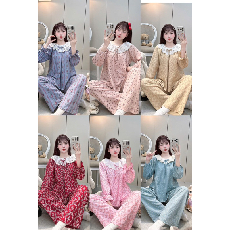 (40-58kg) Bộ pijama chất đũi mềm phối ren mặc nhà