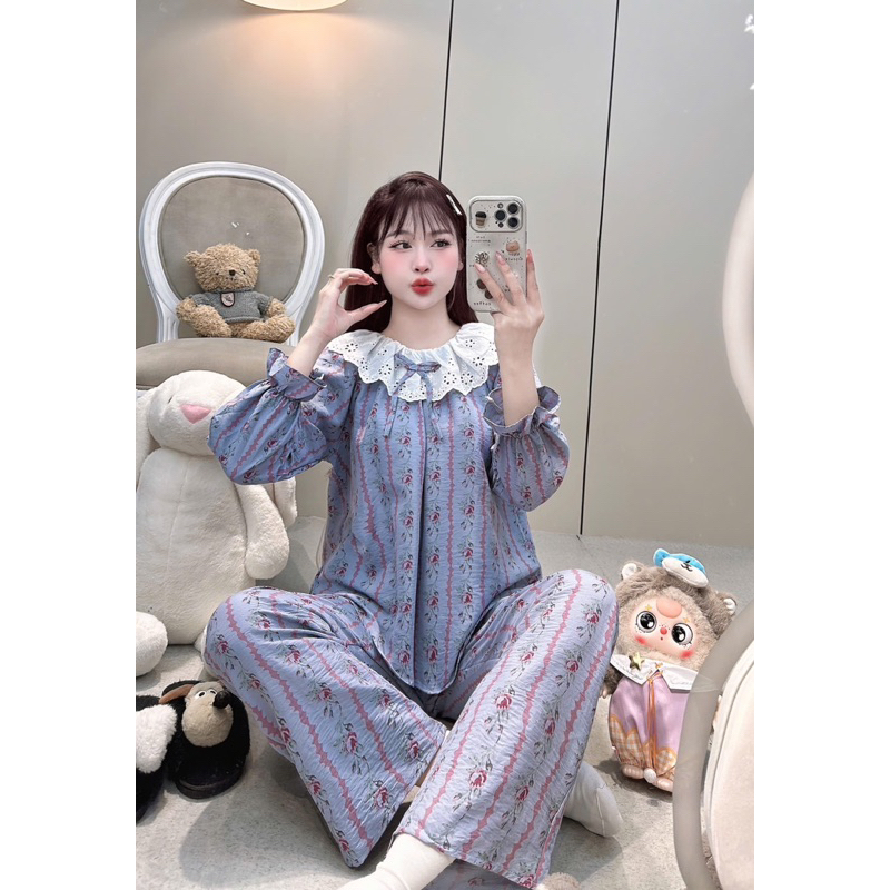 (40-58kg) Bộ pijama chất đũi mềm phối ren mặc nhà