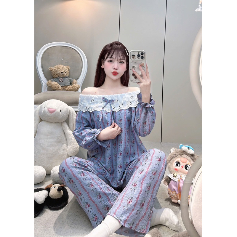 (40-58kg) Bộ pijama chất đũi mềm phối ren mặc nhà