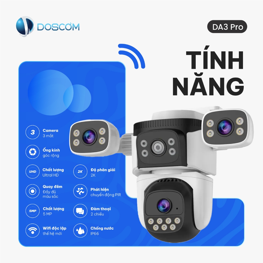 Camera Wifi Ngoài Trời 3 Mắt DOSCOM DA3 Pro – Camera Giám Sát 360° Xoay Toàn Cảnh, Đàm Thoại 2 Chiều