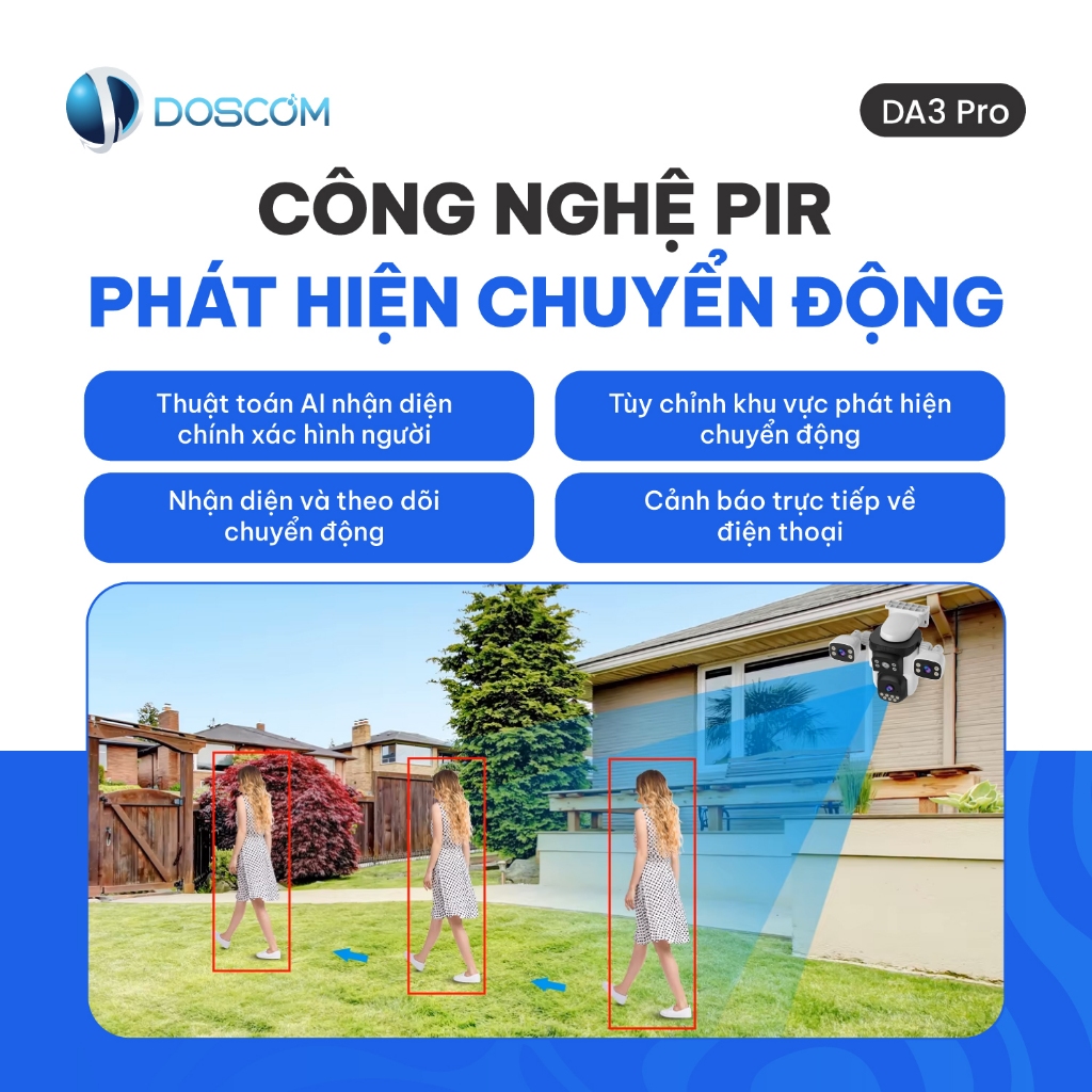 Camera Wifi Ngoài Trời 3 Mắt DOSCOM DA3 Pro – Camera Giám Sát 360° Xoay Toàn Cảnh, Đàm Thoại 2 Chiều