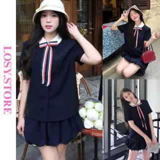 Sét Áo Sơmi Xanh Than Phối Cổ Trắng Mix Quần Váy Dáng Bí Kèm Nơ Tiểu Thư Tôn Dáng LOSY.STORE