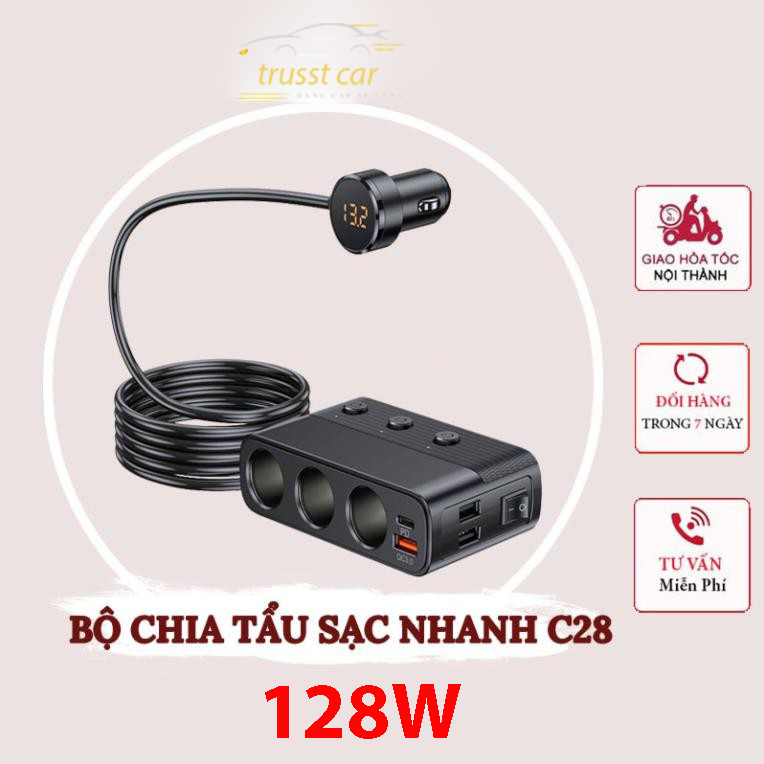 Bộ Chia Tẩu Sạc Ô To C28 VERSION 7 Hỗ Trợ Cổng Sạc Nhanh Type C 30W và QC3.0 – Công Suất 127W