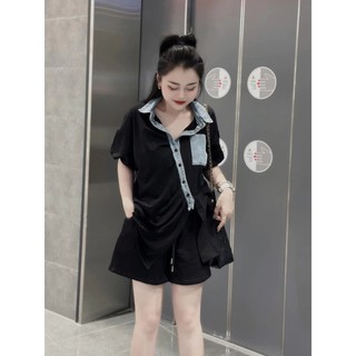 Set Bộ Đồ Nữ Áo Phông Nữ Mix Cổ Sơ Mi Bò Cúc Dọc Túi Ngực Vạt Lệch Mix Quần Sooc Đùi Nữ Freesize
