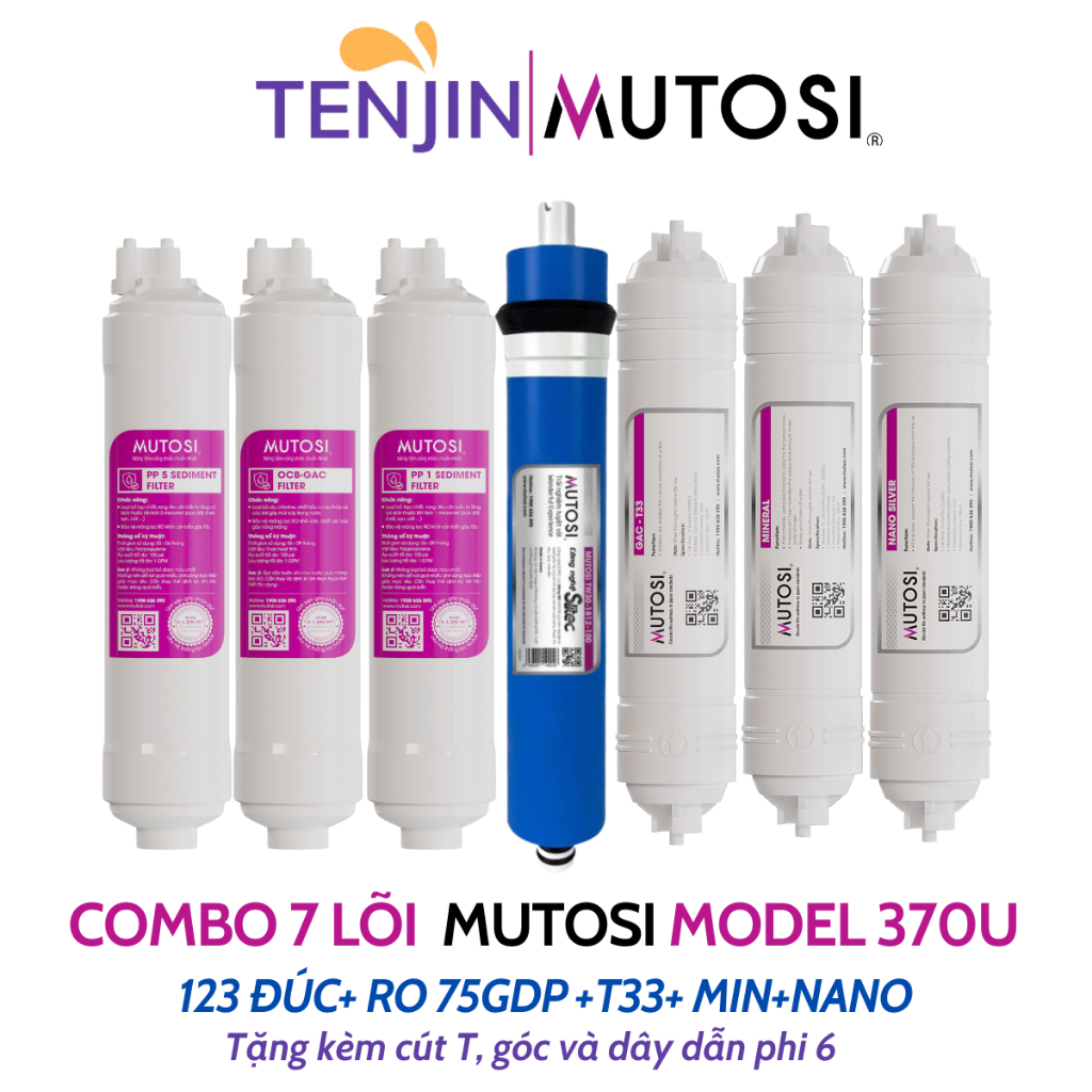 Combo 7 Lõi Lọc Nước Mutosi Sử Dụng 123 Đúc, Màng RO Slitec 75GDP, T33, Min, Nano Dùng Cho Máy MP-370U...