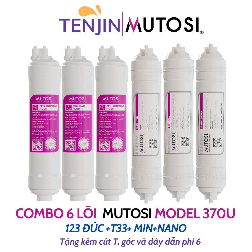 Combo 7 Lõi Lọc Nước Mutosi Sử Dụng 123 Đúc, Màng RO Slitec 75GDP, T33, Min, Nano Dùng Cho Máy MP-370U...