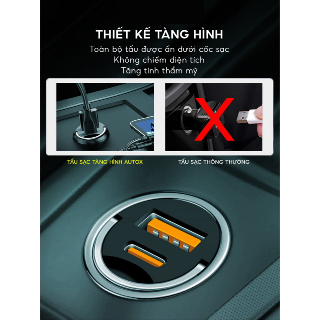 Tẩu sạc nhanh ô tô Tàng hình Công suất tối đa 100W hỗ trợ sạch nhanh thiết kế chìm sang trọng bảo hành 12 tháng