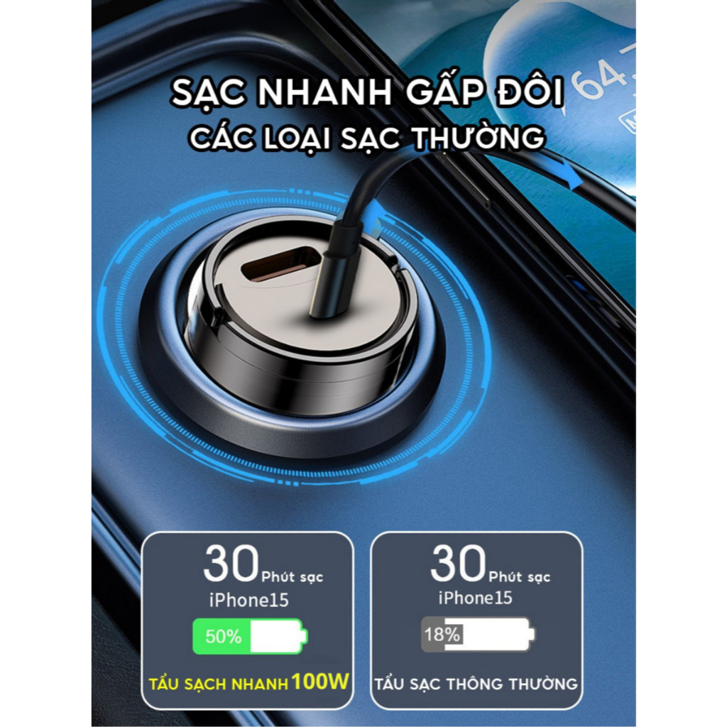 Tẩu sạc nhanh ô tô Tàng hình Công suất tối đa 100W hỗ trợ sạch nhanh thiết kế chìm sang trọng bảo hành 12 tháng