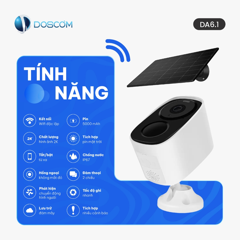 Camera năng lượng mặt trời DOSCOM DA6.1, dung lượng pin 5000mAh sử dụng 15 ngày, giám sát