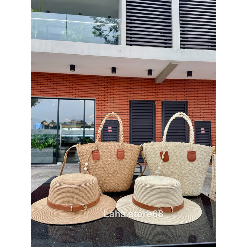 Sét mũ vành ngang và túi cói size vừa xinh xắn (ST11)