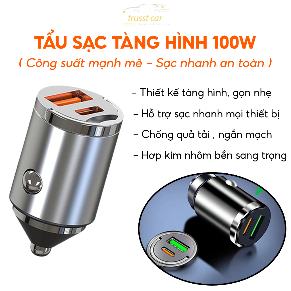 Tẩu sạc nhanh ô tô Tàng hình Công suất tối đa 100W hỗ trợ sạch nhanh thiết kế chìm sang trọng bảo hành 12 tháng