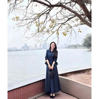 Set váy Nữ thiết kế thời trang công sở chất cotton lạnh áo sơ mi thắt nơ lai bèo tầng phối váy dài xòe lưng chun