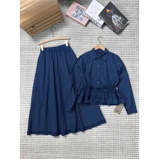 Set váy Nữ thiết kế thời trang công sở chất cotton lạnh áo sơ mi thắt nơ lai bèo tầng phối váy dài xòe lưng chun