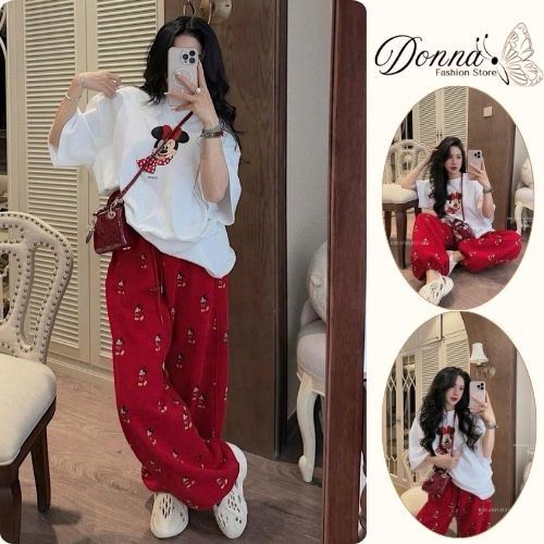 đồ bộ nữ,set đồ nữ in hoạt hình áo thun trắng phối quần suông dài chất vải cotton mền thoáng hút mồ hôi Donna hcom25561