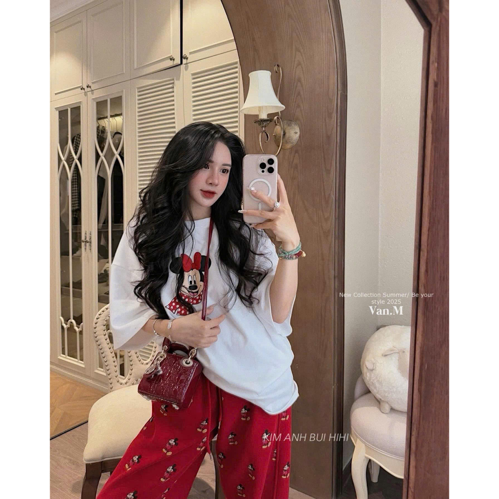 đồ bộ nữ,set đồ nữ in hoạt hình áo thun trắng phối quần suông dài chất vải cotton mền thoáng hút mồ hôi Donna hcom25561
