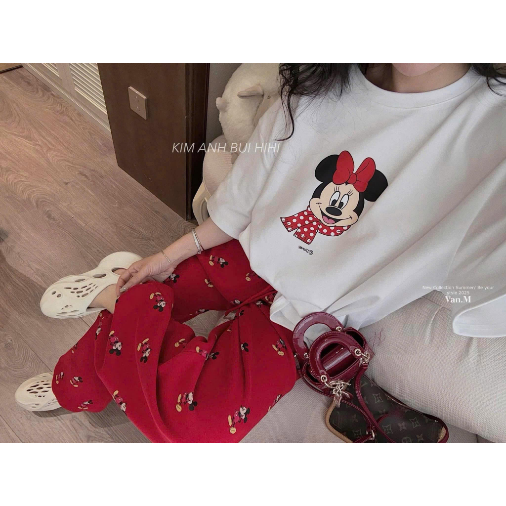 đồ bộ nữ,set đồ nữ in hoạt hình áo thun trắng phối quần suông dài chất vải cotton mền thoáng hút mồ hôi Donna hcom25561