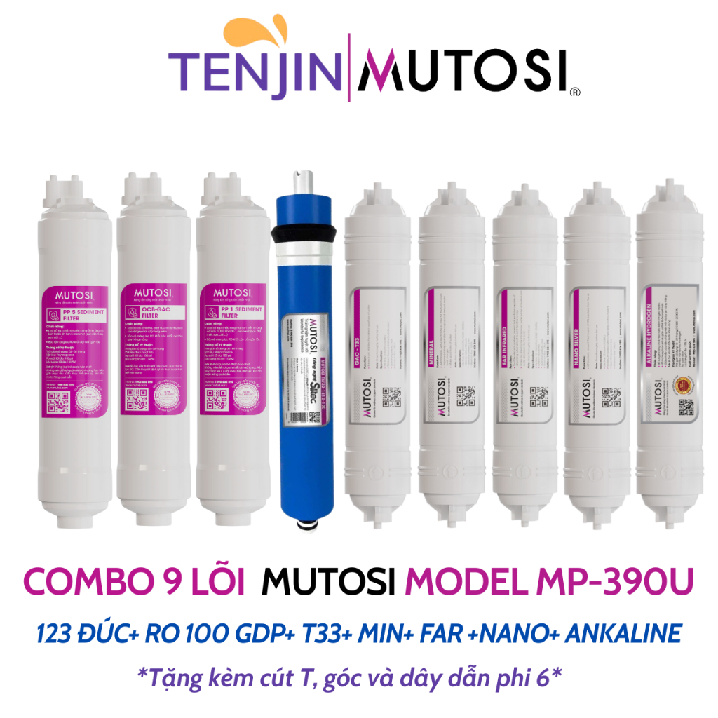 Combo 9 Lõi Lọc Nước Mutosi Sử Dụng 123 Đúc, Màng RO Seltic 100GPD, T33, Min, Far, Nano, Aklaline Model MP-390U