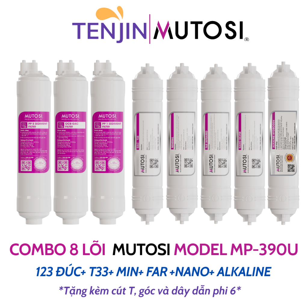 Combo 9 Lõi Lọc Nước Mutosi Sử Dụng 123 Đúc, Màng RO Seltic 100GPD, T33, Min, Far, Nano, Aklaline Model MP-390U