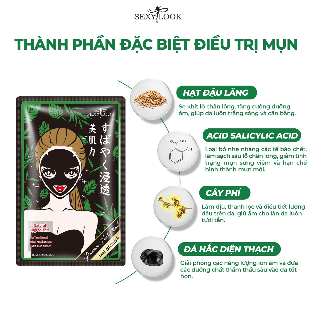 Ảnh HBT Combo 10 Mặt Nạ Đen Tràm Trà SEXYLOOK Hỗ Trợ Kiểm Soát Dầu Mụn (10 miếng x 28ml) 4