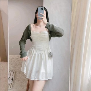 Set Bộ Váy Nữ Váy 2 Dây Tơ Nhũ Trắng Rúm Ngực 2 Lớp Mix Áo Khoác Cadigan Dài Tay Màu Râu Freesize