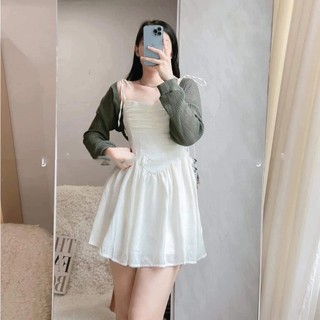 Set Bộ Váy Nữ Váy 2 Dây Tơ Nhũ Trắng Rúm Ngực 2 Lớp Mix Áo Khoác Cadigan Dài Tay Màu Râu Freesize