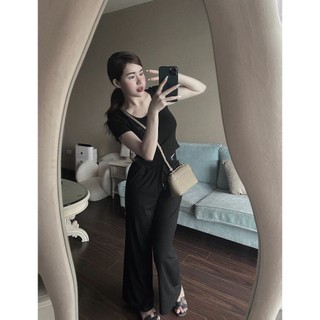 Set Bộ Đồ Nữ Tăm Thêu Wang Áo Croptop Ngắn Tay Cúc Ngực Mix Quần Suông Dài Ống Rộng Freesize