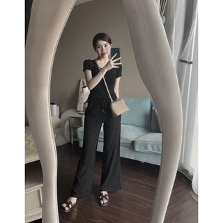 Set Bộ Đồ Nữ Tăm Thêu Wang Áo Croptop Ngắn Tay Cúc Ngực Mix Quần Suông Dài Ống Rộng Freesize
