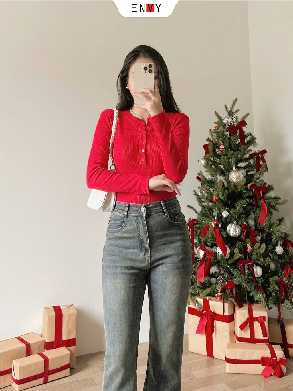 Ảnh Quần Jean Ống Loe Nữ Thêu Thỏ Màu Đậm Dễ Phối Đồ ENVY J151 4