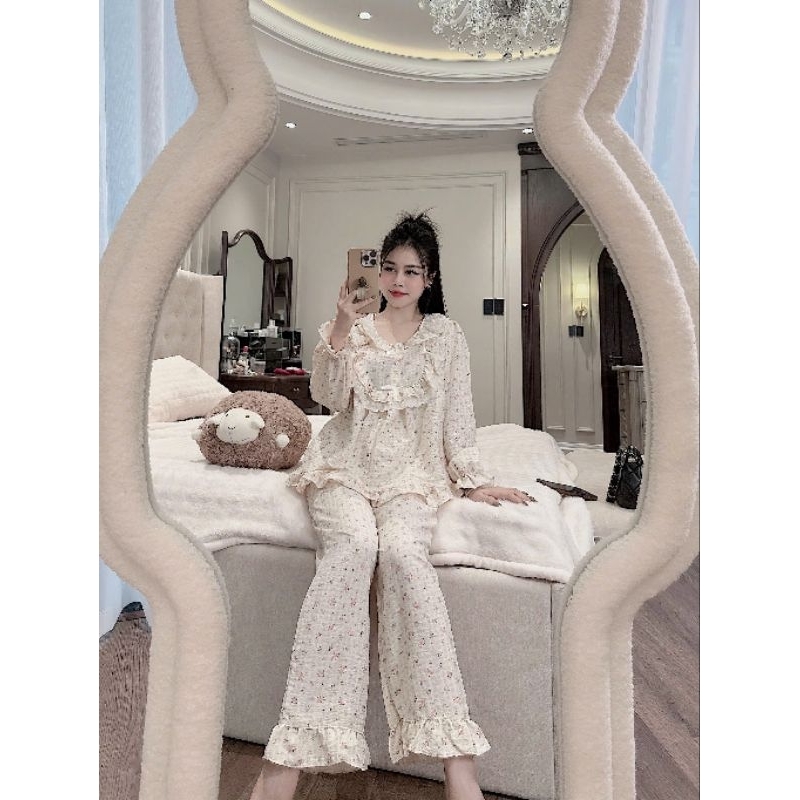 Đồ bộ đũi hoa nhí phối ren, tay dài quần dài mặc nhà nữ
