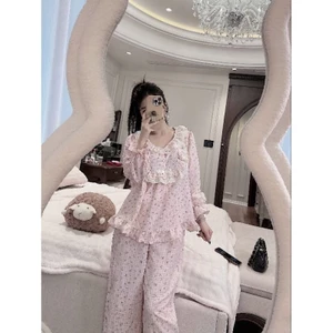 Đồ bộ đũi hoa nhí phối ren, tay dài quần dài mặc nhà nữ