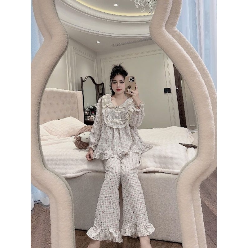 Đồ bộ đũi hoa nhí phối ren, tay dài quần dài mặc nhà nữ