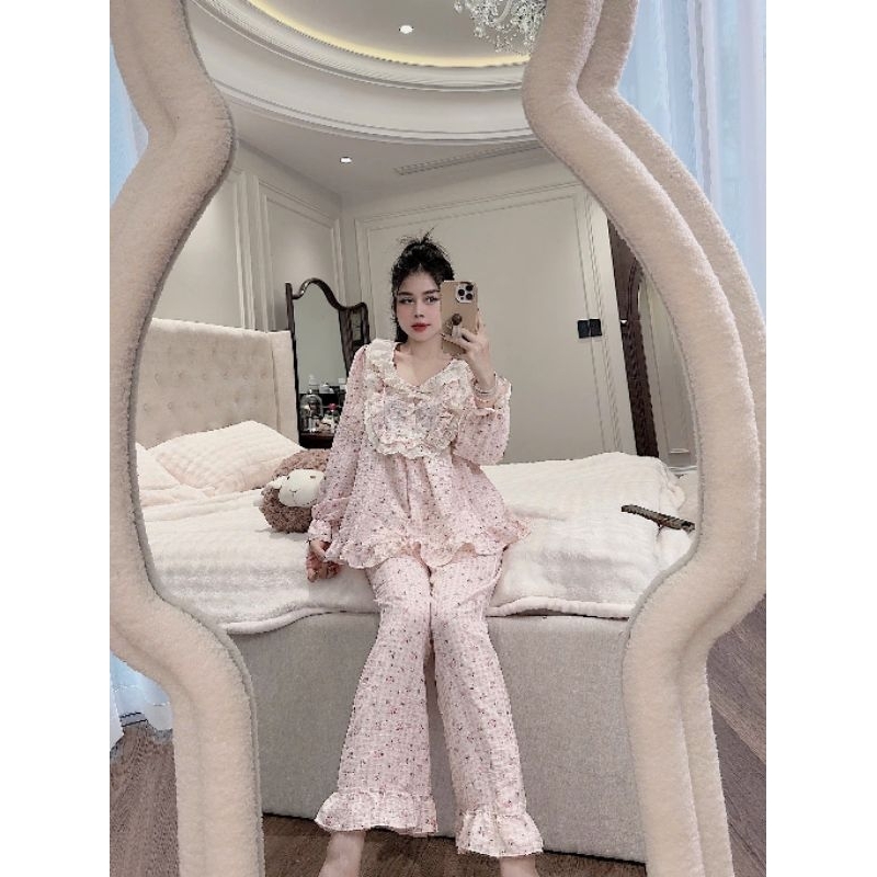 Đồ bộ đũi hoa nhí phối ren, tay dài quần dài mặc nhà nữ